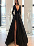 Black A Line Velvet Satin Slit V Neck Long Sleeves Prom Dresses LBQ1860